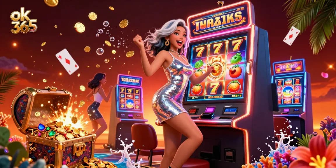 Experience thrilling jackpots with ok 365 in this vibrant casino illustration showcasing slot machines, coins, and excitement.