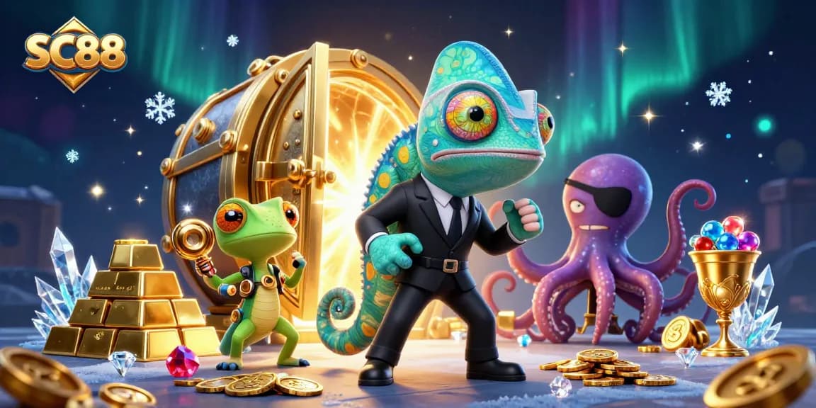 SC88 brings excitement with vibrant chameleon agents in a treasure-filled casino adventure.