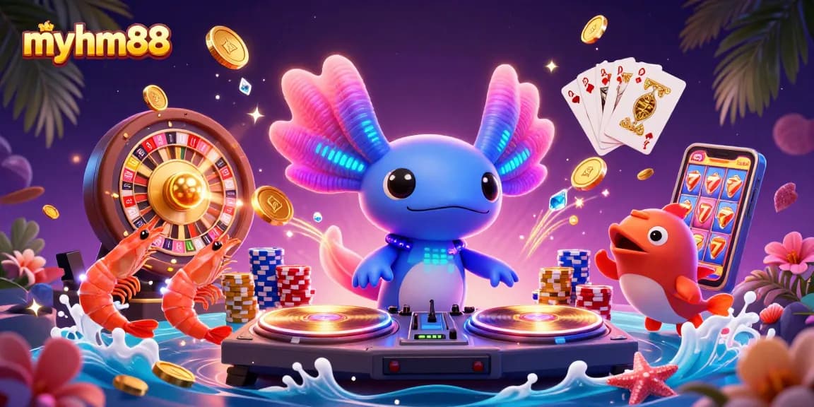 Experience myhm88's vibrant casino action with a neon axolotl DJ, spinning luck and rewards!
