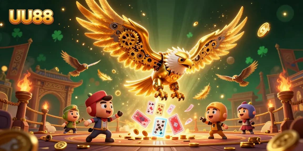 Engage with thrilling gaming at UU88, featuring a golden eagle diving through holographic cards amidst casino action.