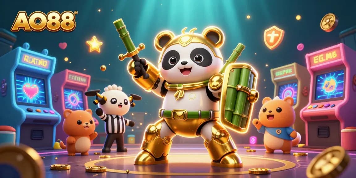 Engage with the vibrant AO88 gaming universe featuring a mech-suit panda amidst colorful casino elements.