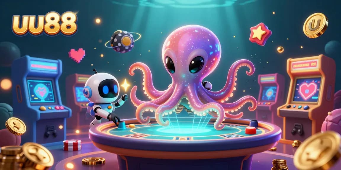 Experience thrilling gameplay at uu88 with an alien octopus and poker hologram in a rich casino setting.