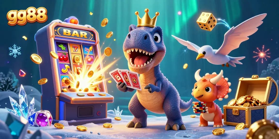 gg88's exciting gaming scene with a T-Rex shuffling cards and vibrant slot machine action.