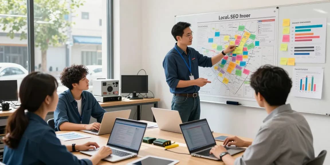 Home-service team discussing Local SEO for contractors strategies in an engaging workshop environment.