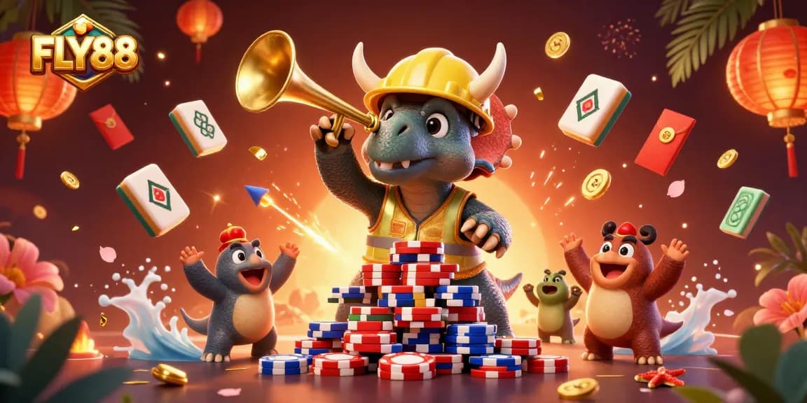 FLY88 brings excitement with triceratops and friends celebrating big wins at a vibrant casino.