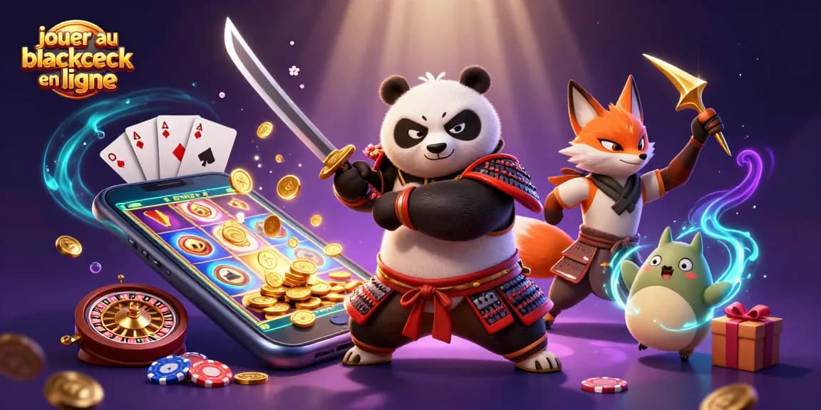 Jouer au blackjack en ligne avec des personnages de style asiatique et des éléments de casino colorés.