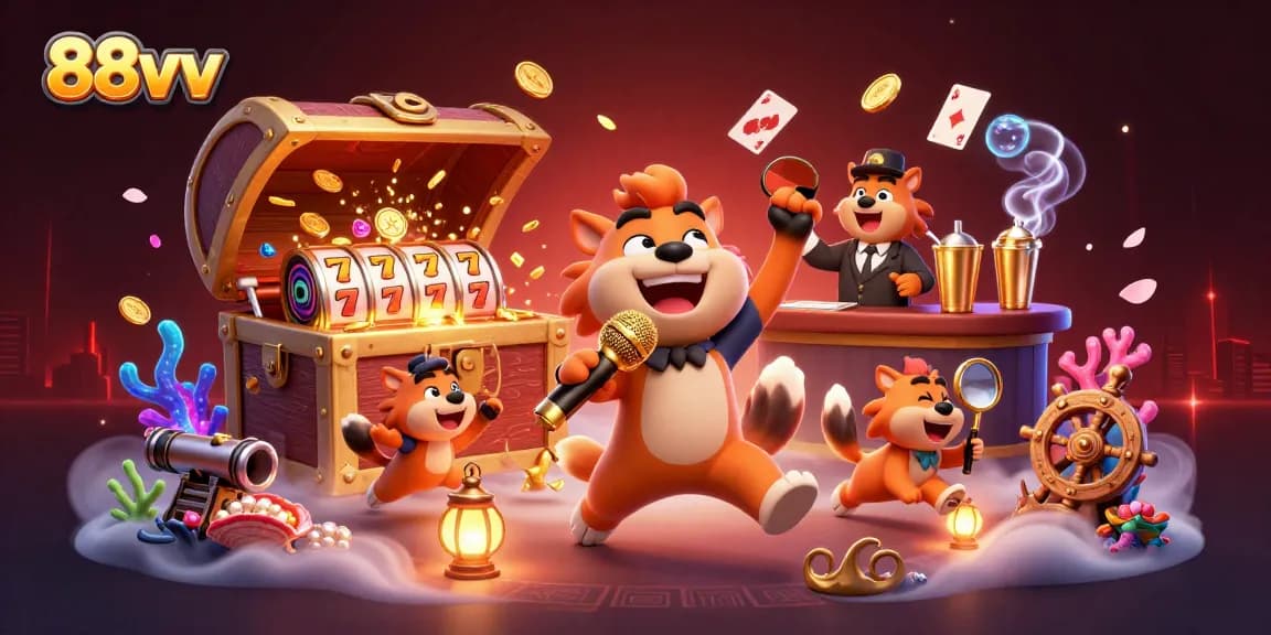 Laugh and win at 88vv casino with animated hyenas in vibrant 3D illustration.