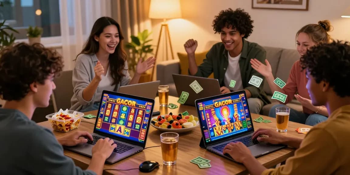 Excited players enjoying slot gacor games online in a cozy living room.