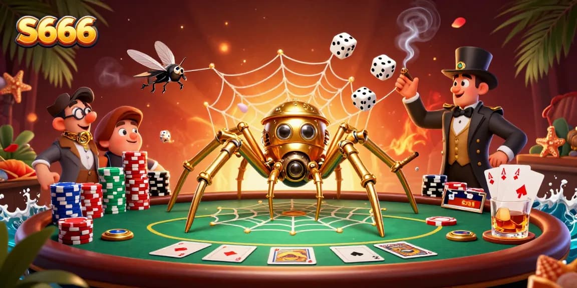 S666 showcases a dynamic 3D cartoon scene with poker elements and gambling excitement.