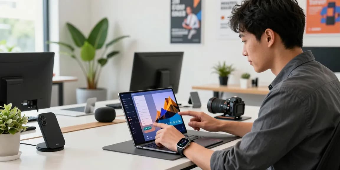Youthful professional using the innovative Samsung Galaxy Z TriFold in a vibrant co-working space, showcasing its foldable design and multitasking capabilities.