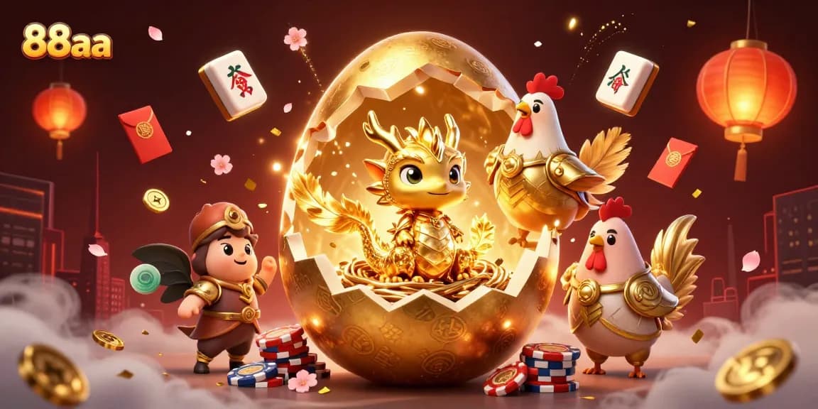 Experience the thrill of 88aa with this vibrant 3D illustration showcasing a golden dragon amidst casino elements.