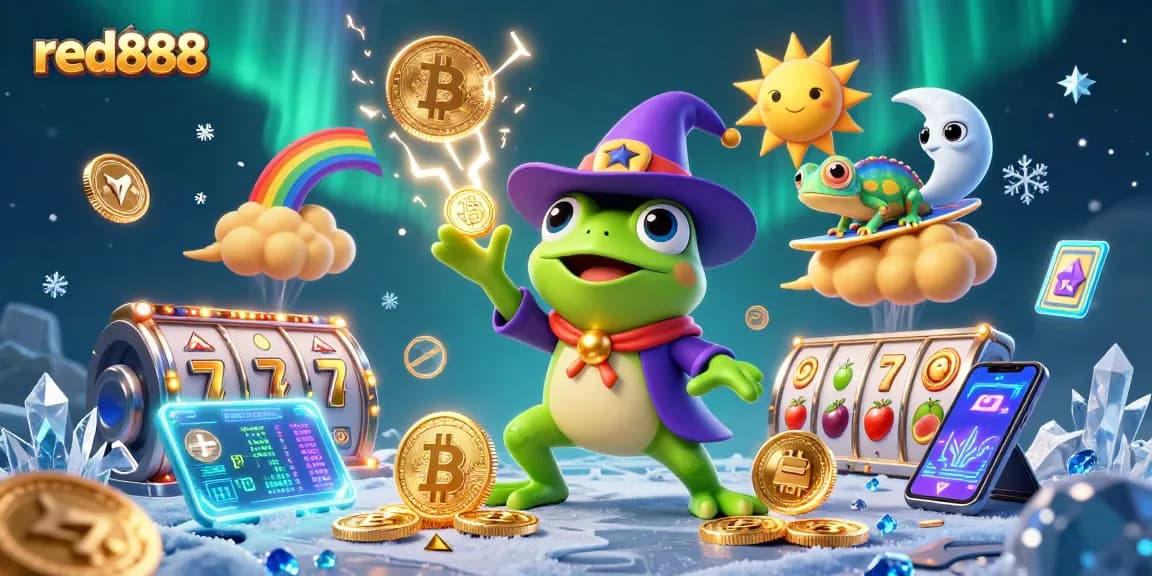 Experience excitement with red888 as a wizard frog conjures golden coins amidst a vibrant casino scene.
