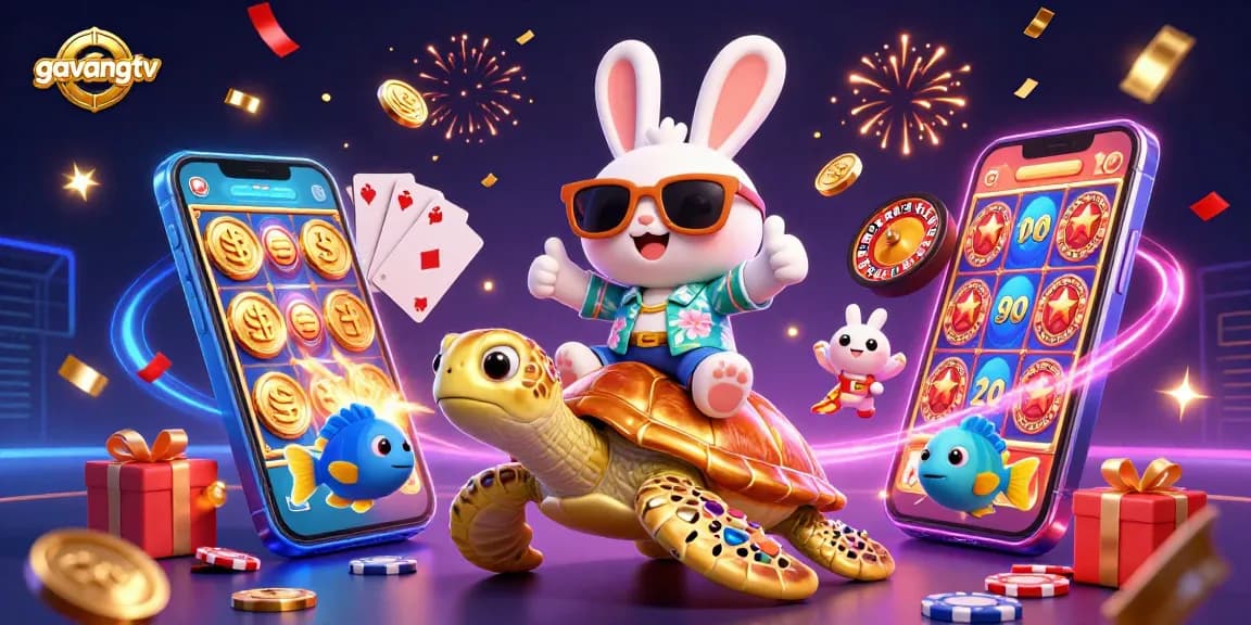 Experience thrilling gambling moments with gavangtv showcasing a 3D lucky rabbit and golden turtle amidst rich casino elements.