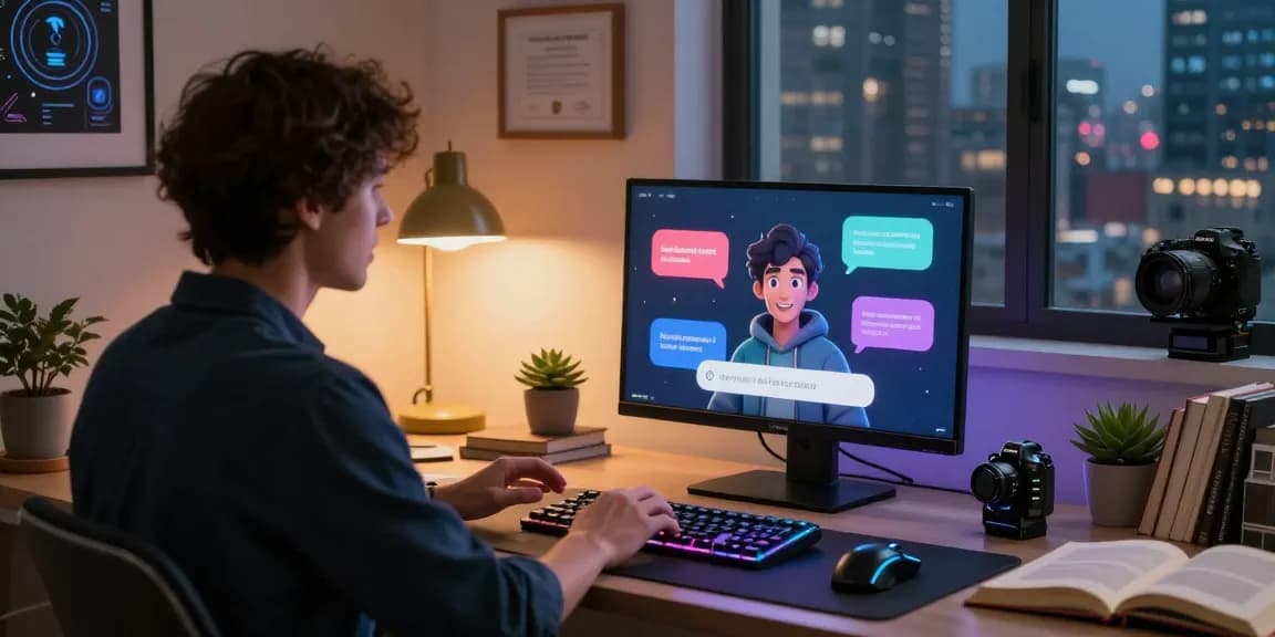 User engaged in ai chat nsfw with vibrant animated character in a modern home office setting, showcasing innovative technology.