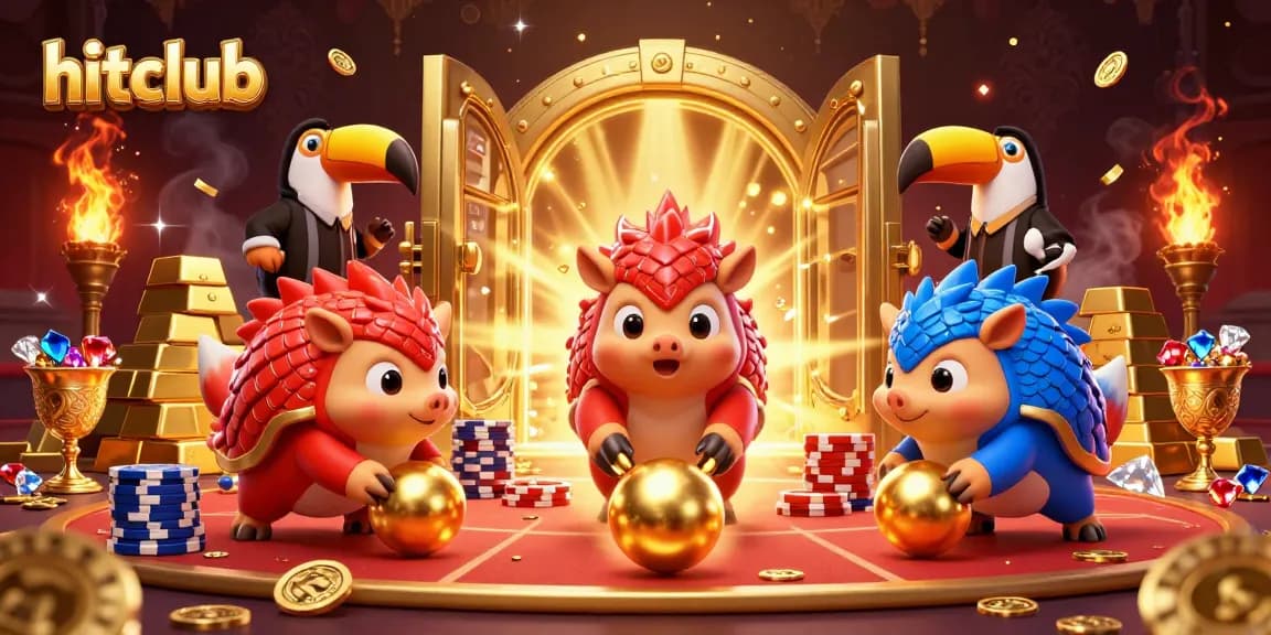 Engage in thrilling slots action at hitclub with cartoon pangolins amidst shining treasures.