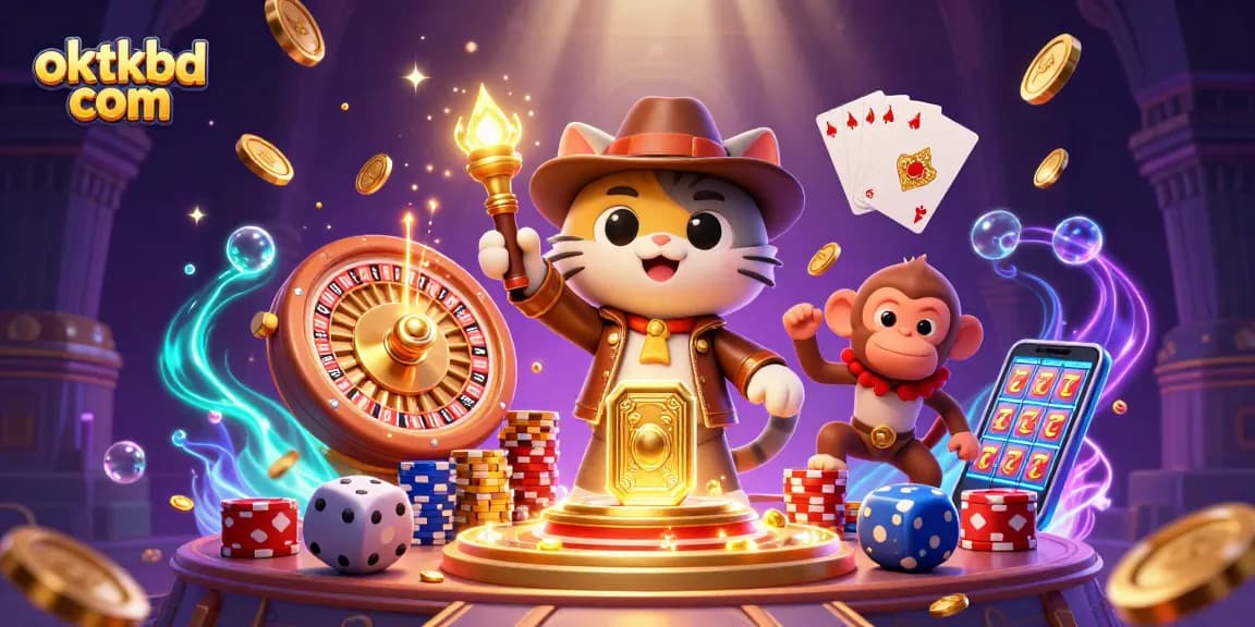 Engage with thrilling slots at oktkbd com featuring an archaeologist cat uncovering casino treasures amidst vibrant game elements.