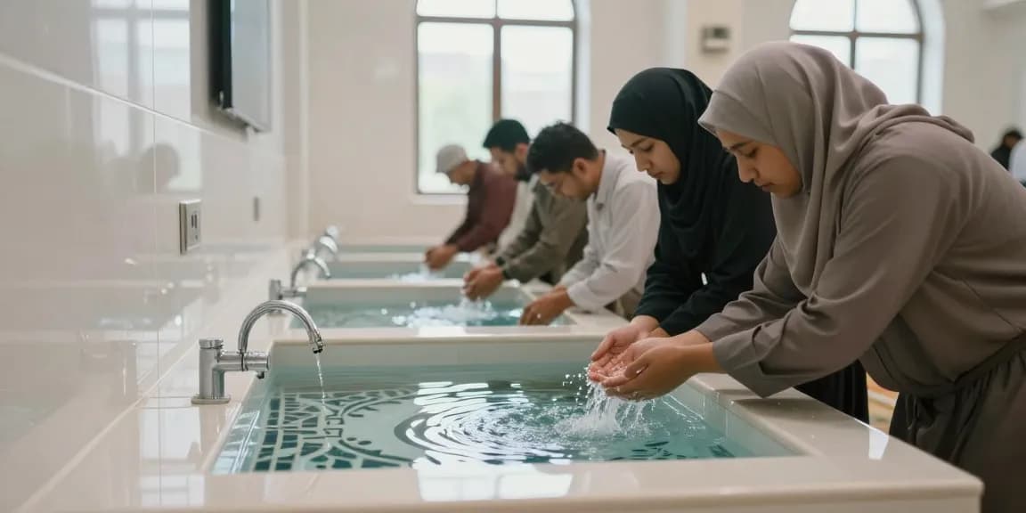 Ablution wash basin in a contemporary mosque with individuals preparing for prayer.