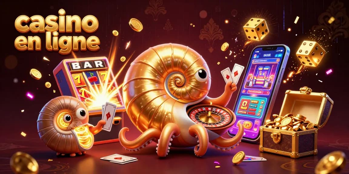 Découvrez l'univers captivant du casino en ligne avec un nautilus géant et des machines à sous éclatantes remplis de pièces d'or.
