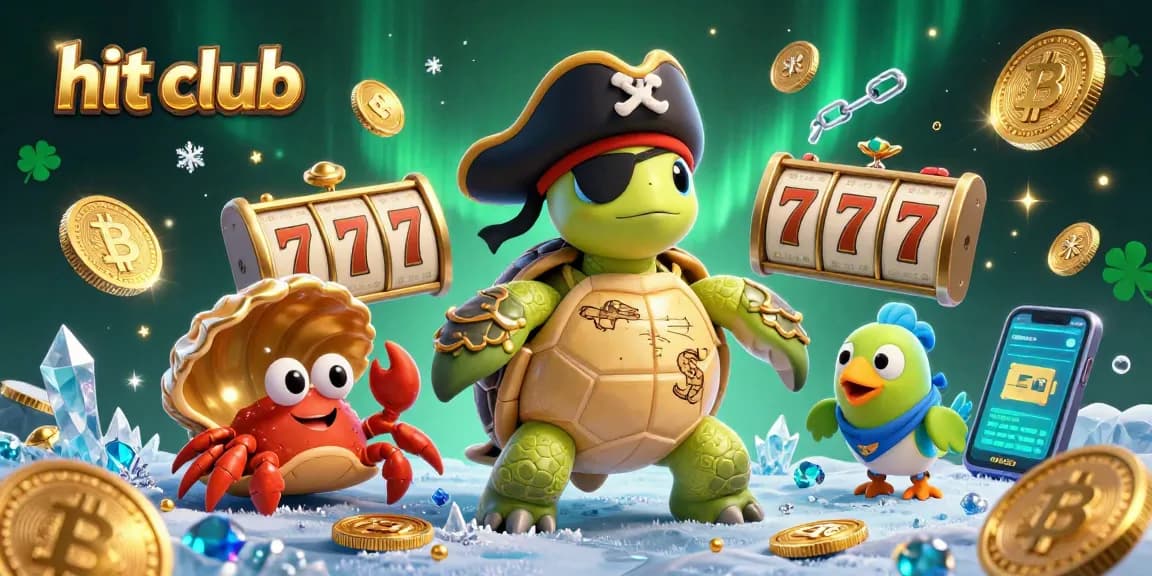 A lively scene at hit club showcasing 3D characters in a vibrant casino setting with slot reels and treasure.