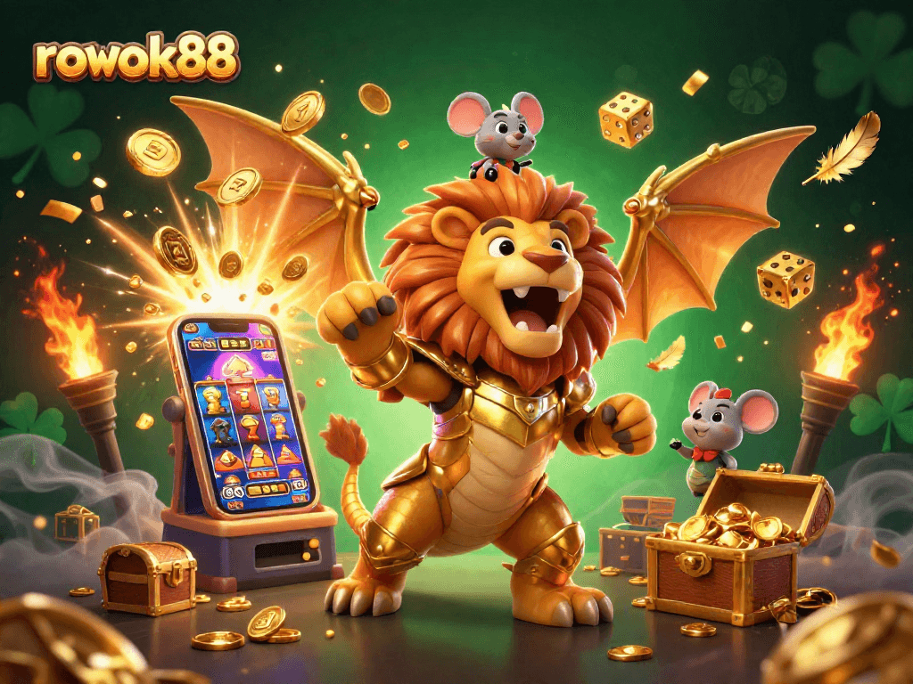 Experience the thrilling world of rokok88 as a roaring chimera battles for jackpot glory in a vibrant 3D casino.