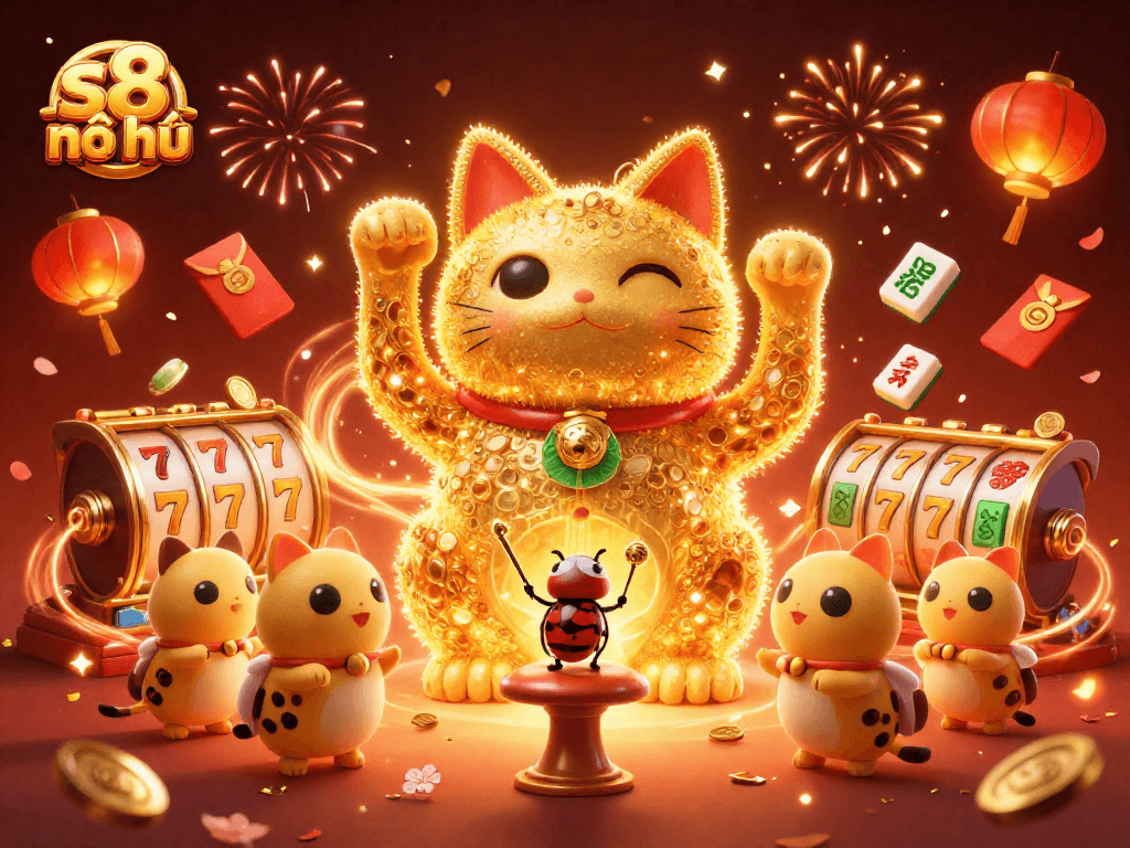 Engage with s8 nổ hũ through dynamic slot gameplay featuring a giant lucky cat and festive casino elements.