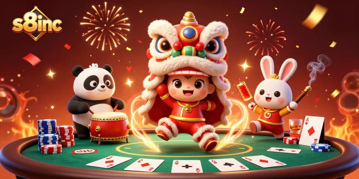 Experience the excitement of s8inc with a vibrant casino scene featuring a festive lion dance and poker!