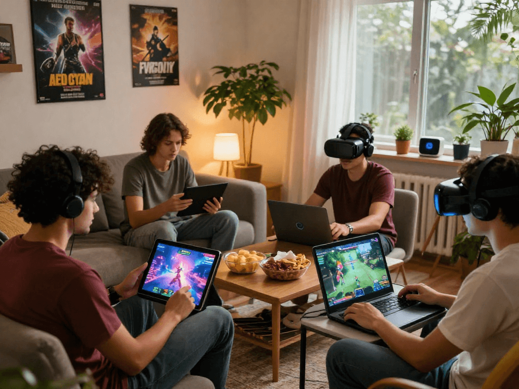 Group of friends playing engaging porn games on various devices in a cozy living room, showcasing immersive gameplay.