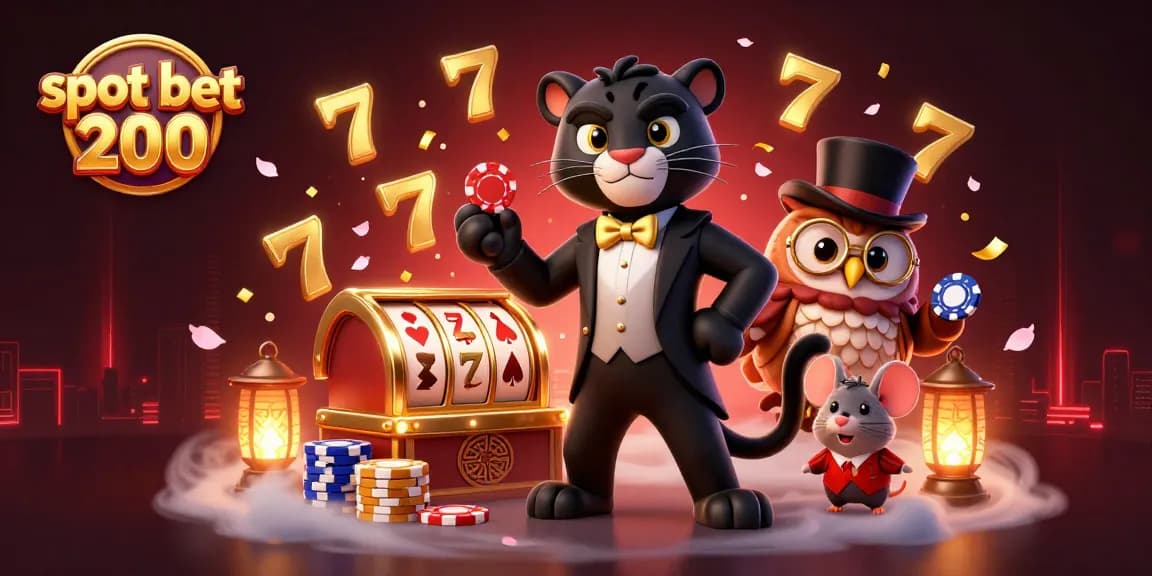 Experience slot bet 200 excitement with a stylish panther, lucky owl, and mouse among vibrant casino elements.