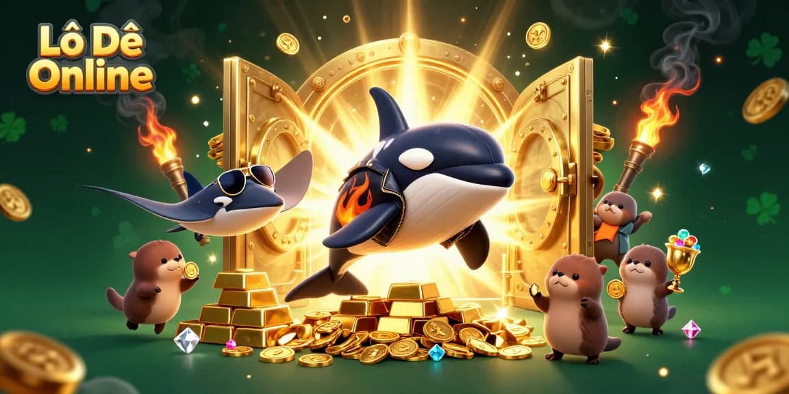 Lô Đề Online showcases a lively scene with characters, golden coins, and gambling excitement.