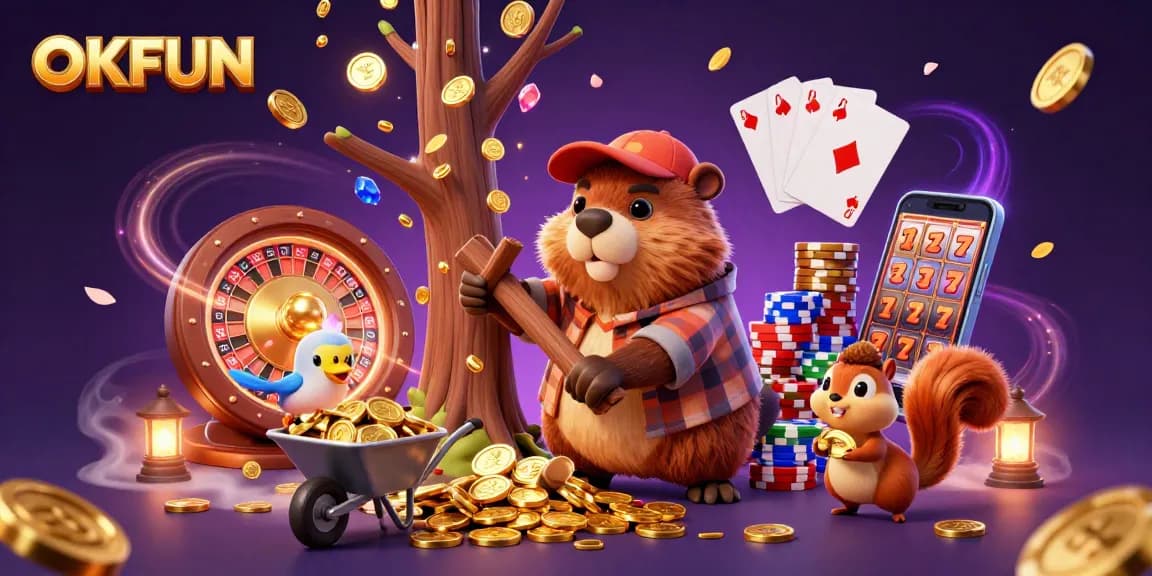 Engage with OKFUN's exciting gaming adventure featuring golden coins, vibrant characters, and dynamic casino elements.