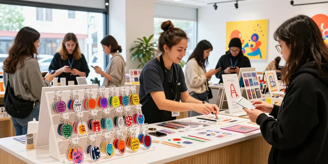 Custom acrylic keychains prominently displayed in a vibrant shop, showcasing unique designs and colours.