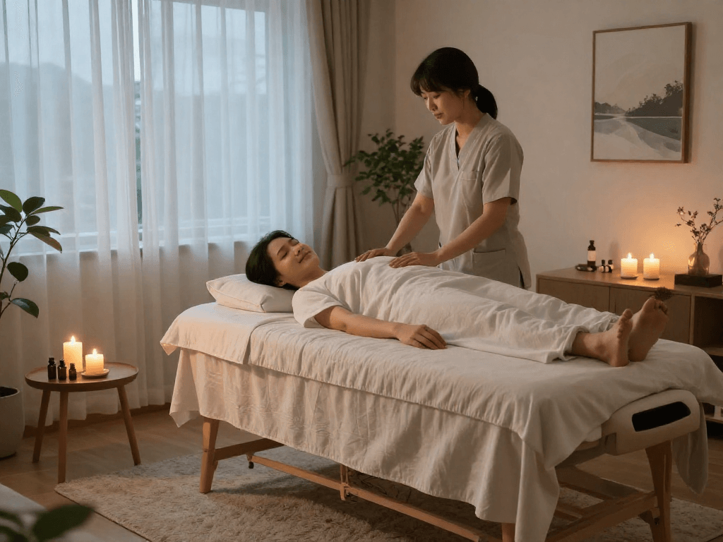 Experience a calming 강서구출장마사지 in a serene home environment, showcasing relaxation and comfort.