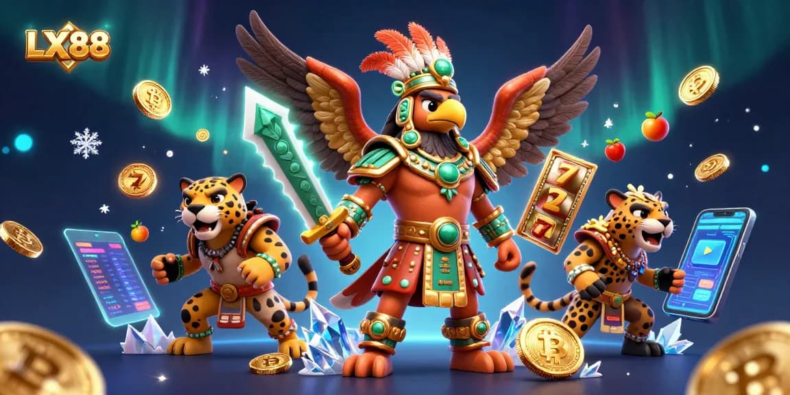 Engage with top-tier games at LX88, featuring vibrant Aztec warriors amid dynamic slot and cryptocurrency elements.
