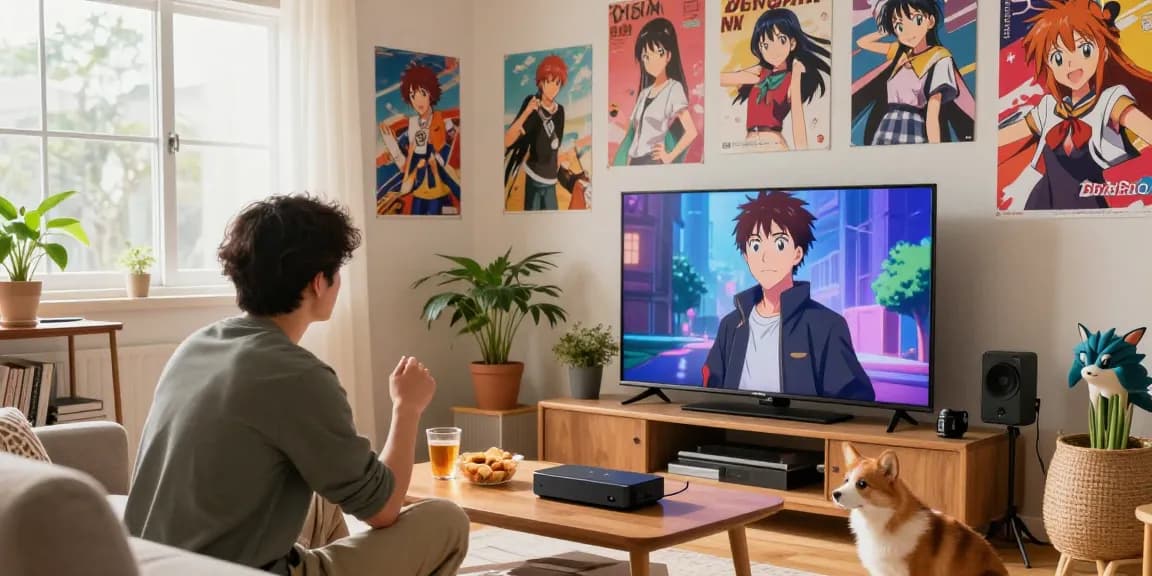 Anime fan enjoying high-quality streaming on https://animehay.zip/ with colorful decor and cozy atmosphere.