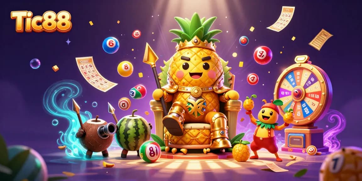 Tic88 engages players with a vibrant casino scene featuring a golden pineapple king and dynamic lottery elements.