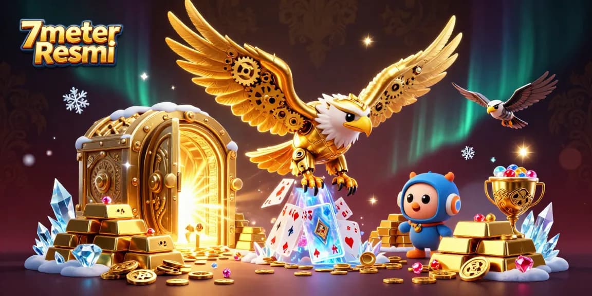 Spin the reels with 7meter Resmi, featuring a golden eagle soaring through a treasure-filled casino.
