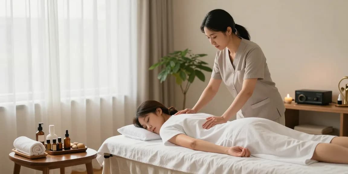 Relaxing 노원출장마사지 scene with a therapist and client in a calming home environment.