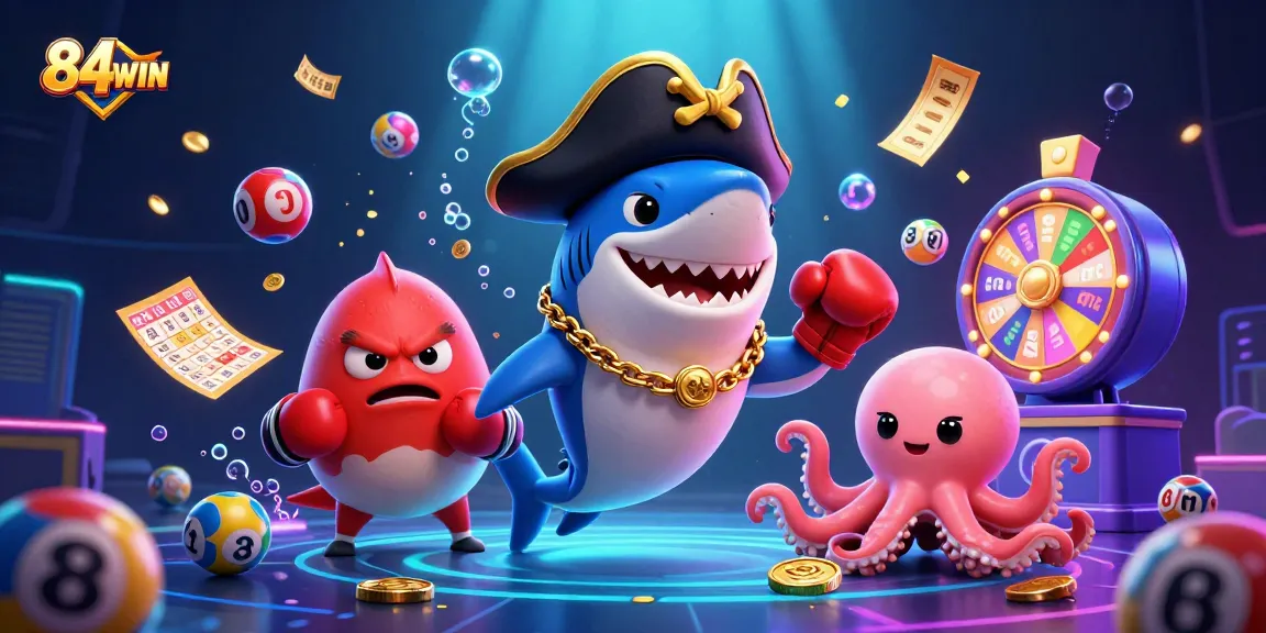 Experience the excitement of 84WIN with a lively underwater scene featuring gambling elements.