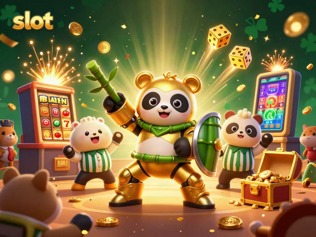Experience slot excitement as a golden panda piloting a robot amidst slot machines and coins.