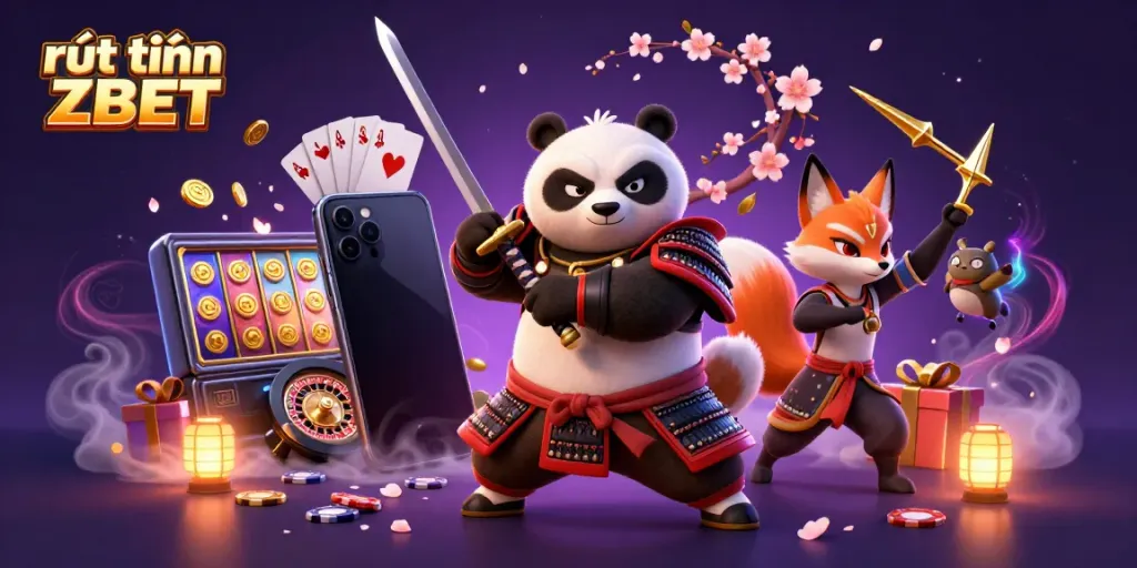 Engage in rút tiền ZBET with samurai panda and ninja fox amid vibrant casino elements.