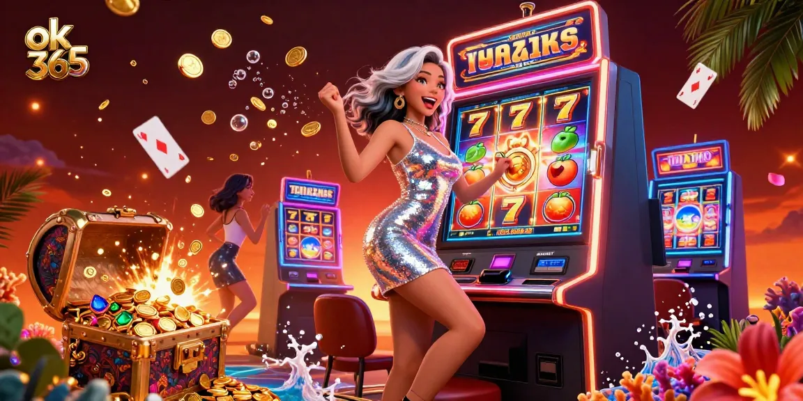 Experience thrilling jackpots with ok 365 in this vibrant casino illustration showcasing slot machines, coins, and excitement.