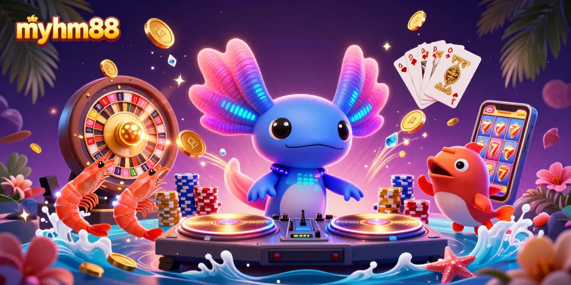 Experience myhm88's vibrant casino action with a neon axolotl DJ, spinning luck and rewards!