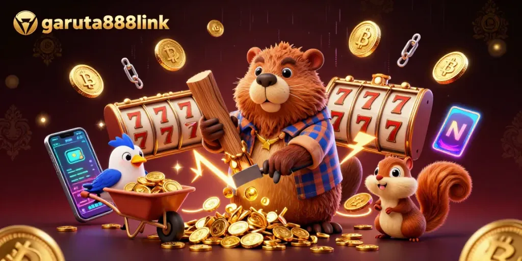 Experience the excitement of garuda888link with dynamic cartoon characters enjoying slots in a vibrant casino scene.