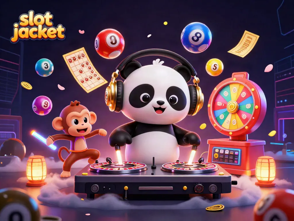 Spin to win with slot jackpot as the DJ panda, dancing monkey, and rave kitten create an energetic casino vibe.