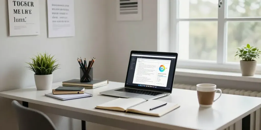 Writer using AI writing software in a bright, organized home office.