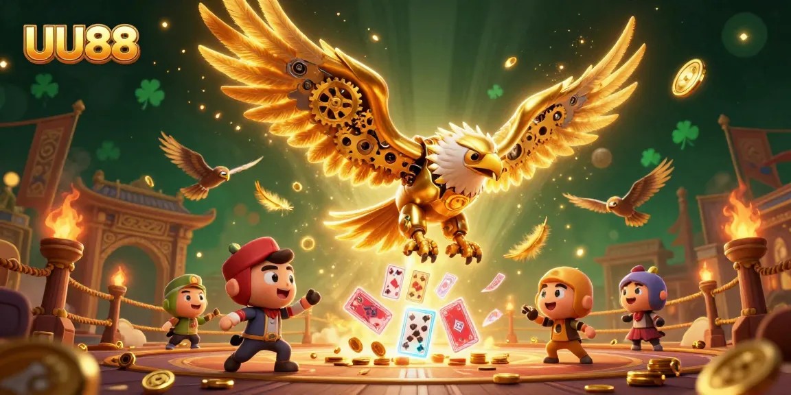 Engage with thrilling gaming at UU88, featuring a golden eagle diving through holographic cards amidst casino action.