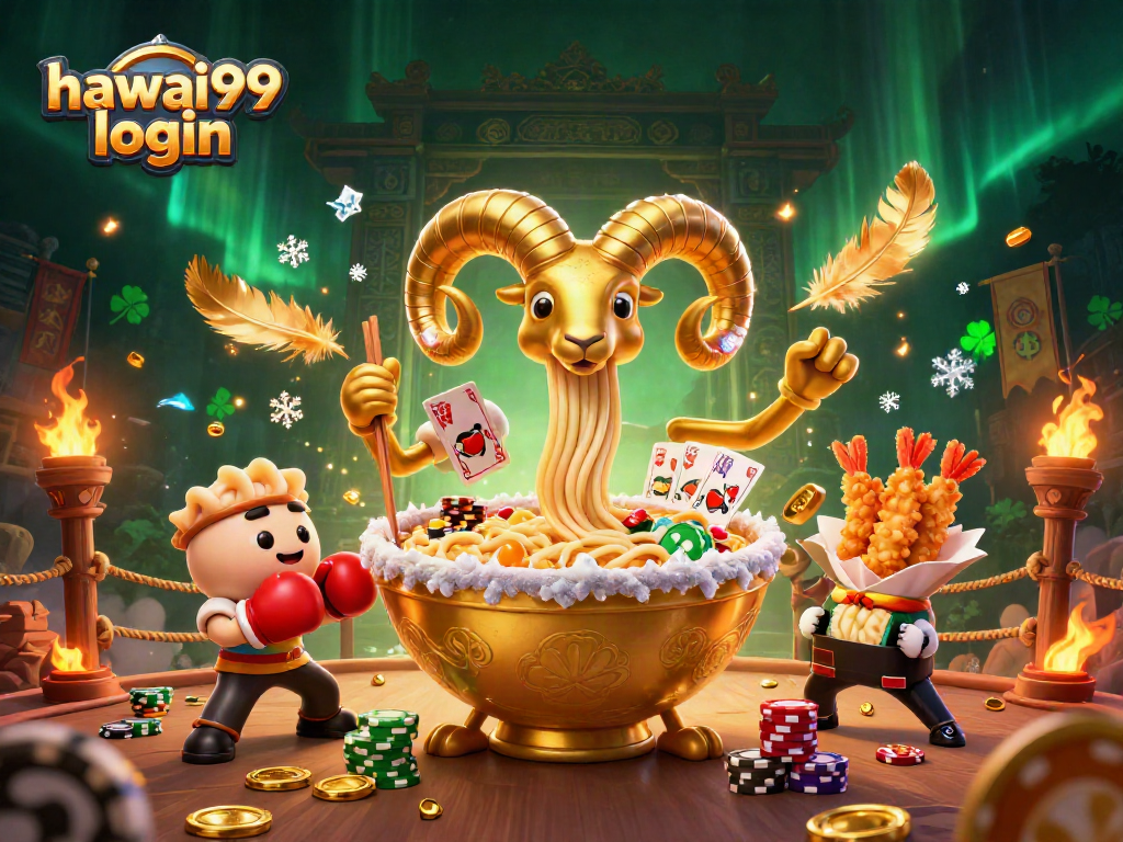 Join the action with hawai99 login: a vibrant 3D scene featuring a golden ramen bowl dealer and casino elements.