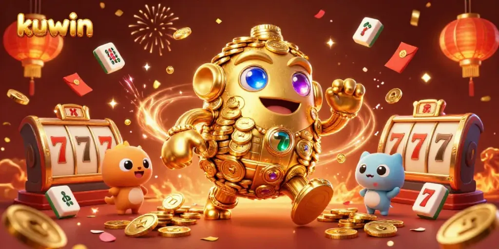 Kuwin's dynamic casino scene showcases a golden golem, slot machines, and festive decorations.