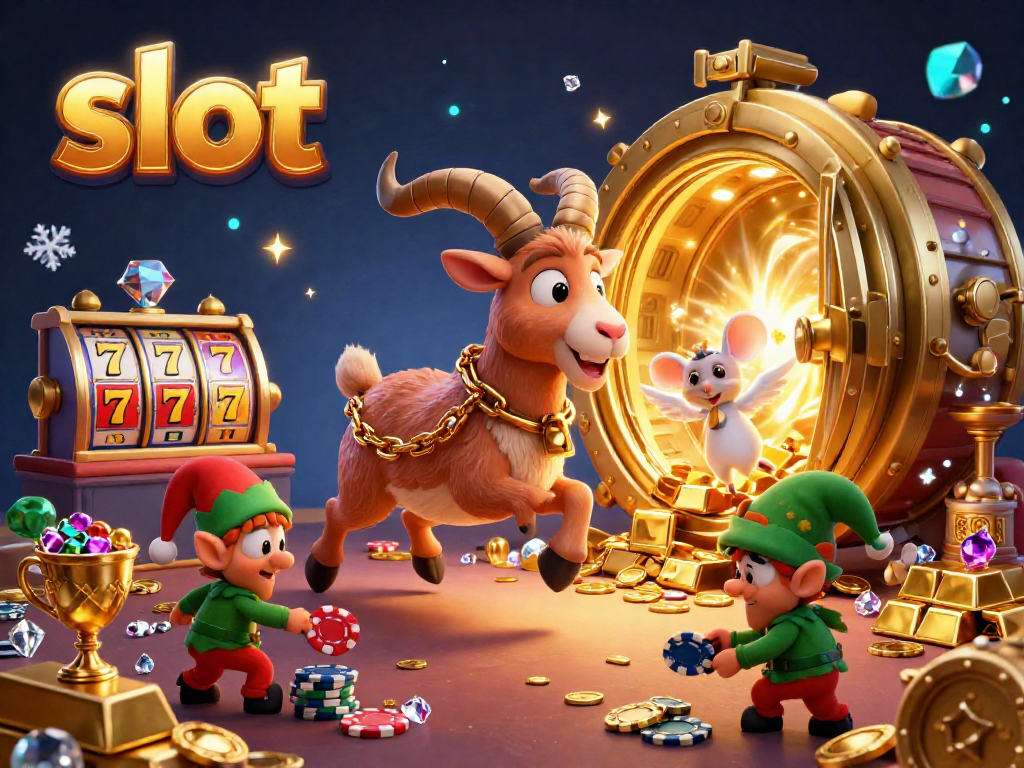 Spinning slot reels animated in a festive casino scene with character chaos and vibrant treasures.