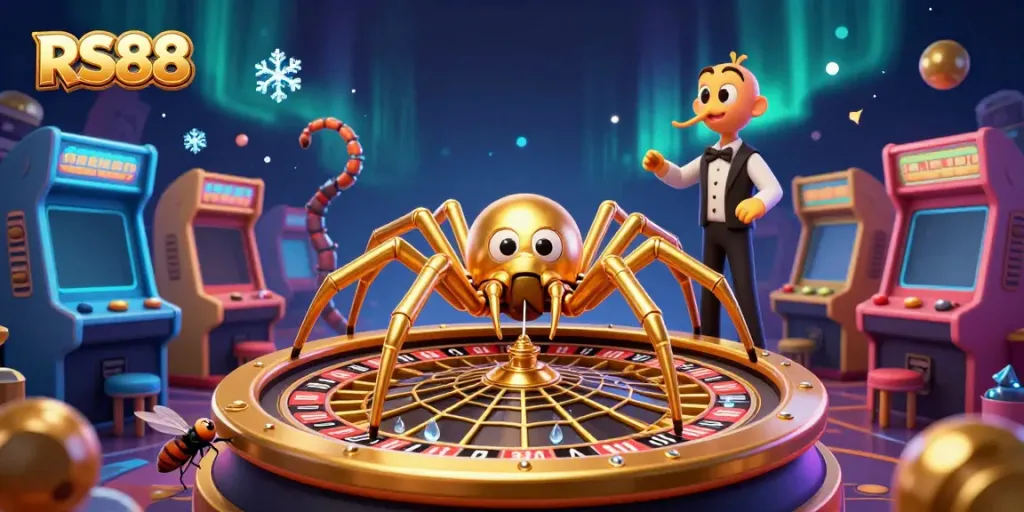 Bet on RS88 with a golden spider netting bets at a roulette wheel in a vibrant casino illustration.